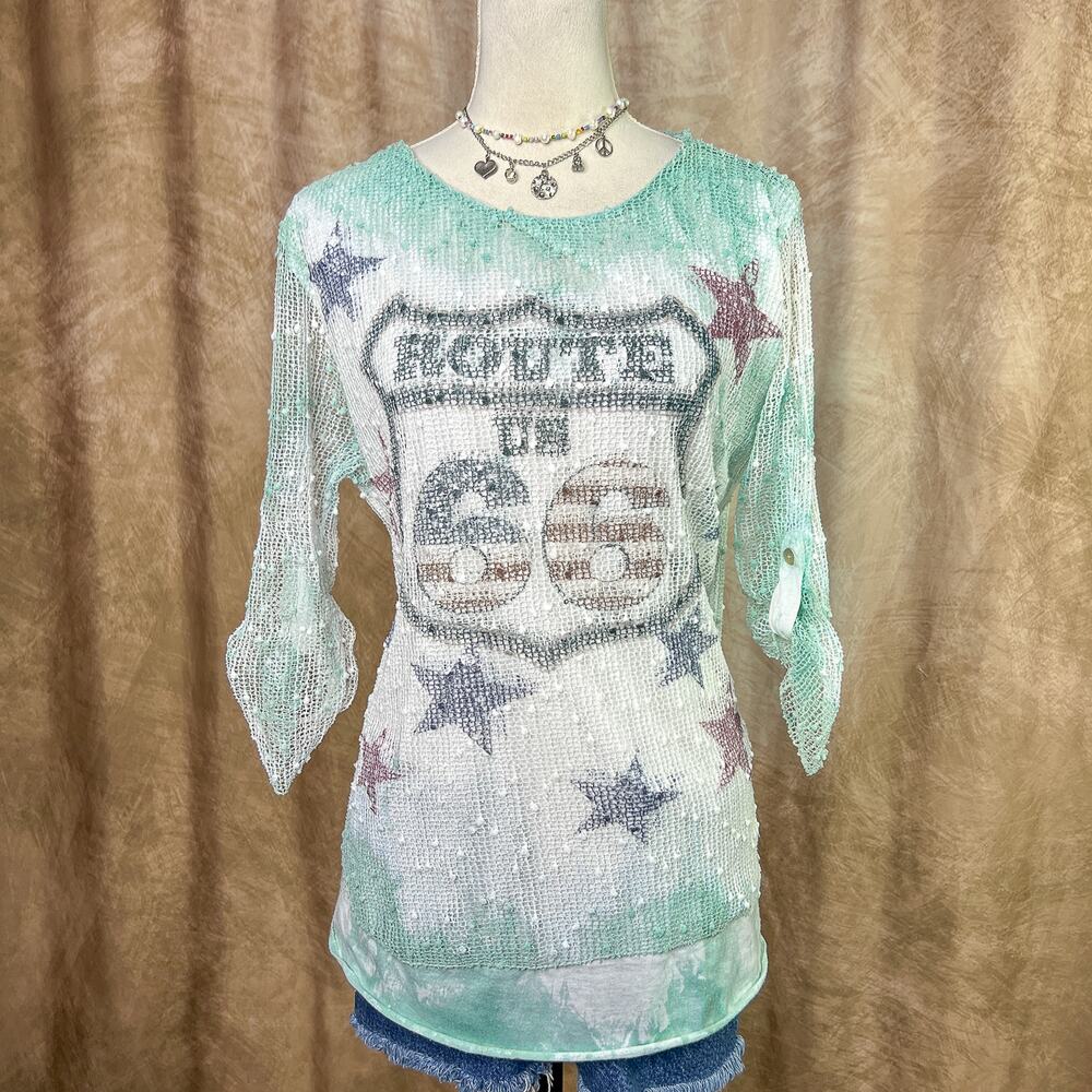 Y2k Route 66 Fishnet Oversized Top Layered USA Star Print Tie Dye Indie Sleaze